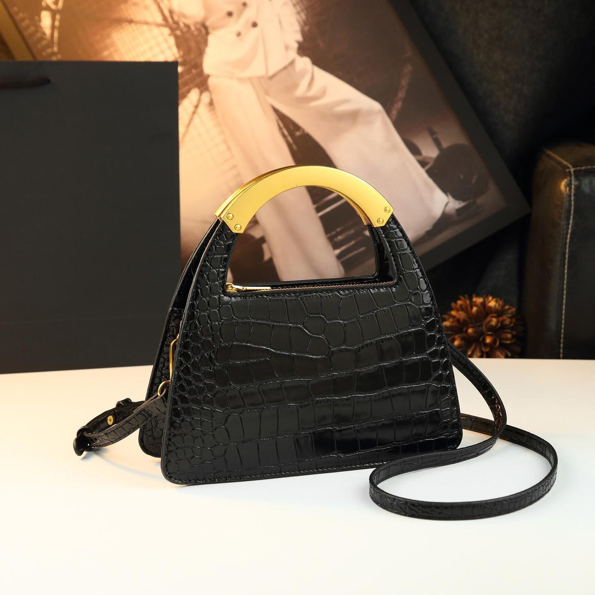 Celeste Noir Croc-Pattern Crossbody Bag