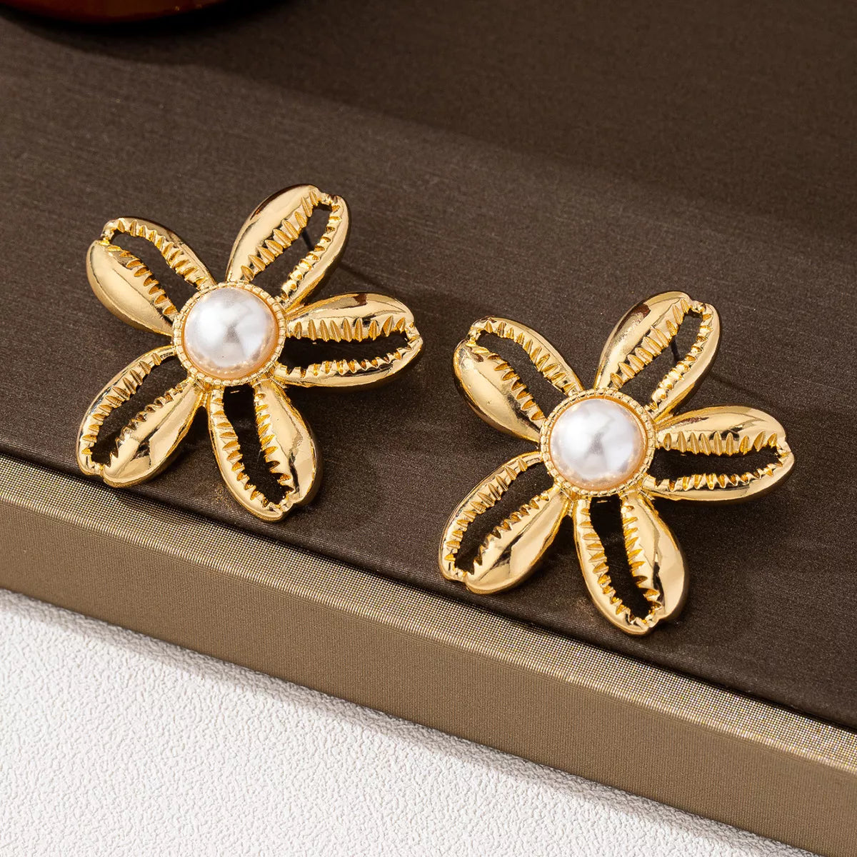 Margot Gold Flower Pearl Stud Earrings – 18K Gold-Plated