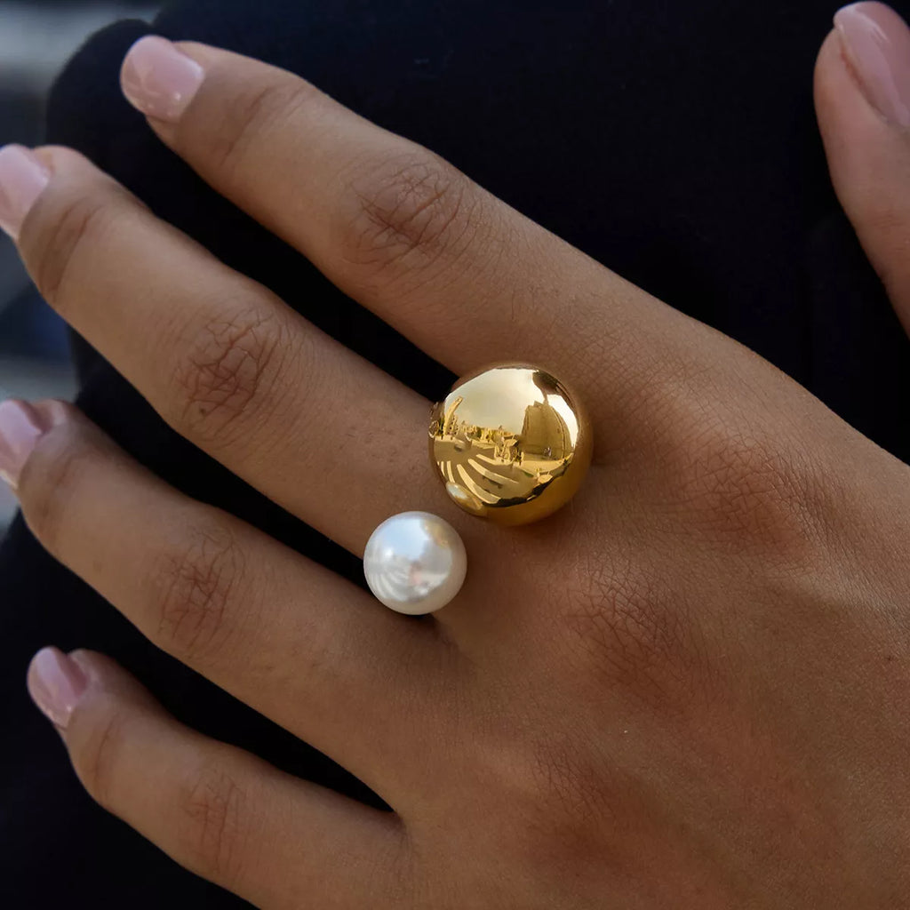 Odette Orb & Pearl Open Ring – 18K Gold-Plated