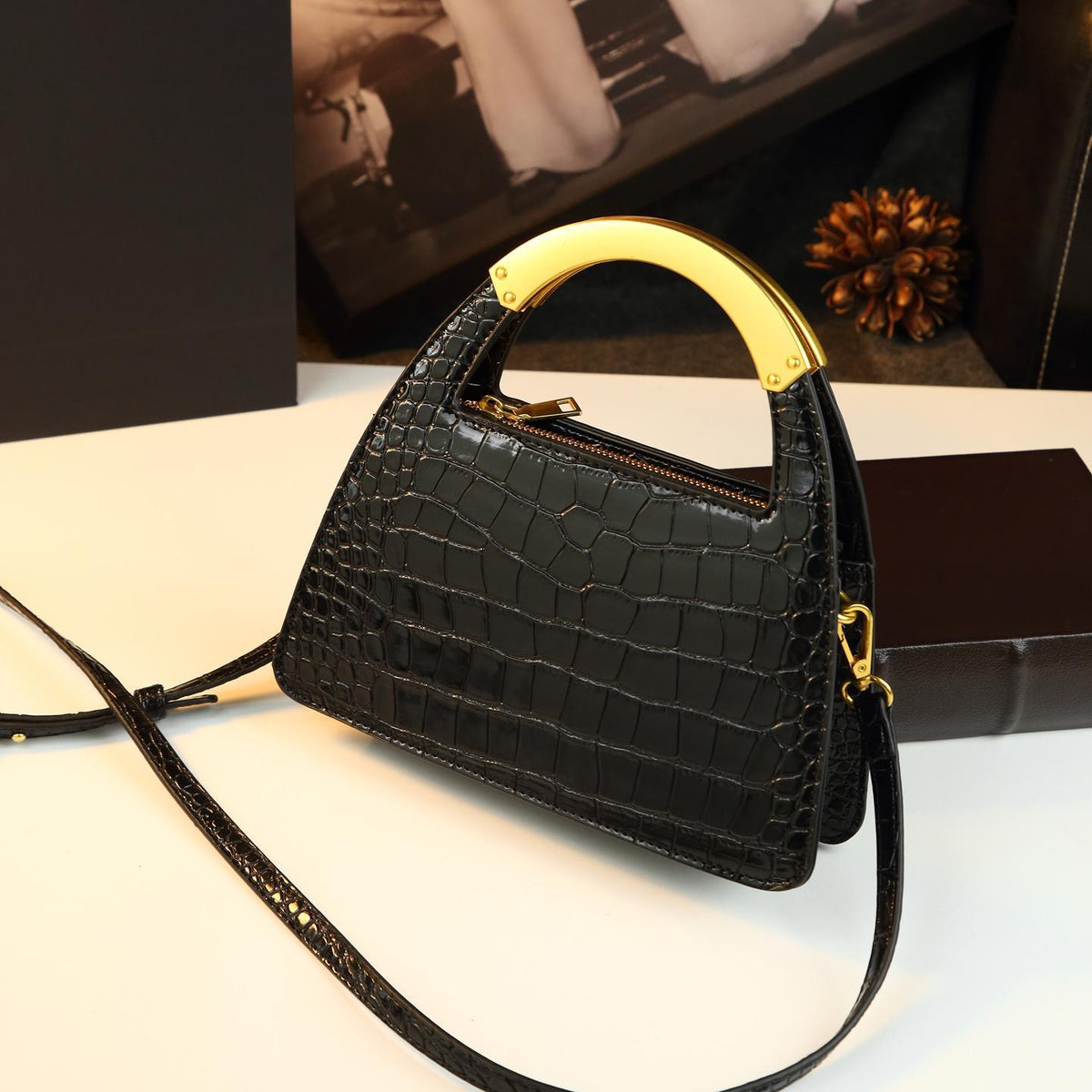 Celeste Noir Croc-Pattern Crossbody Bag